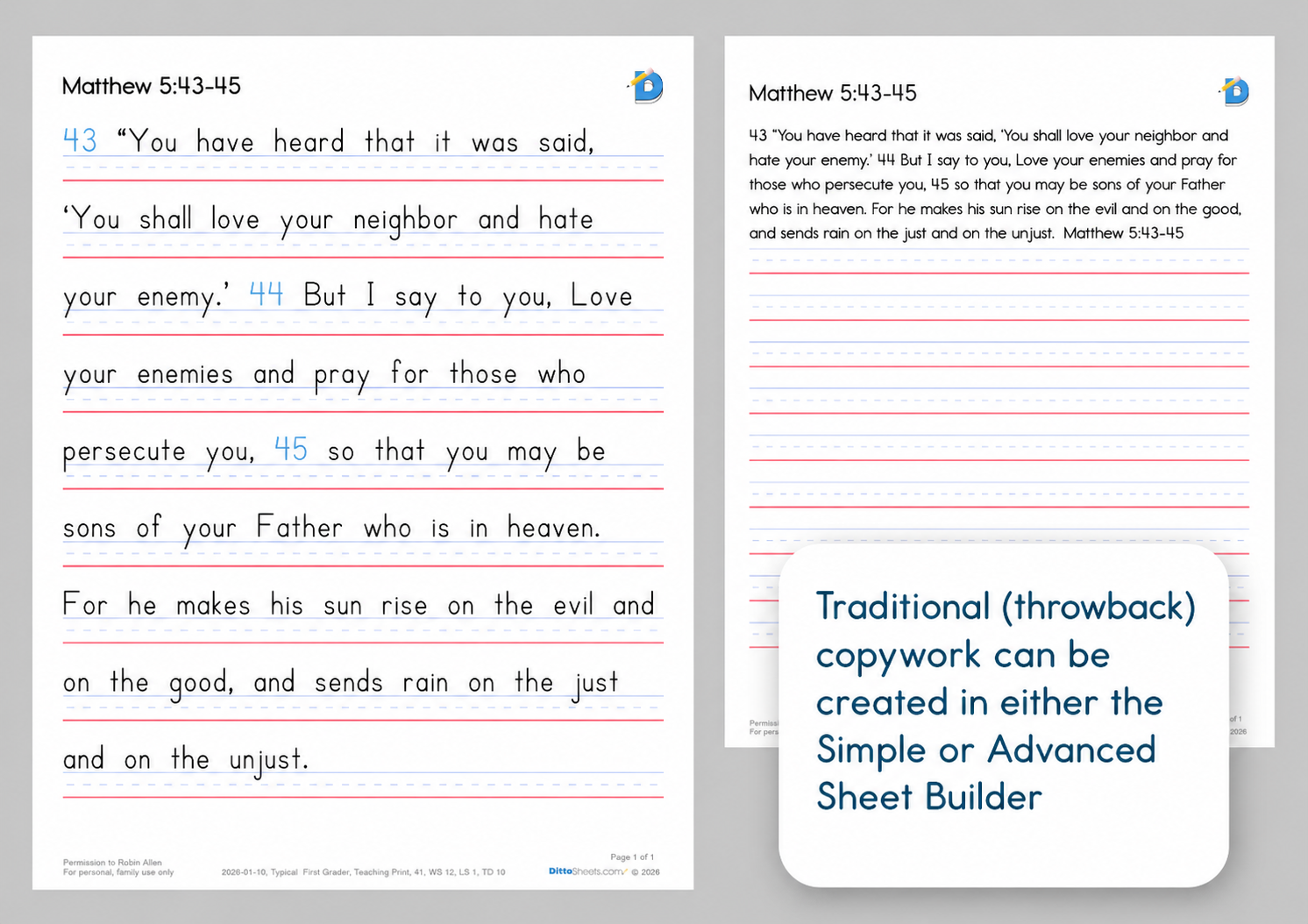 Scripture copywork worksheet of Matthew 5:43-45 with handwriting practice lines