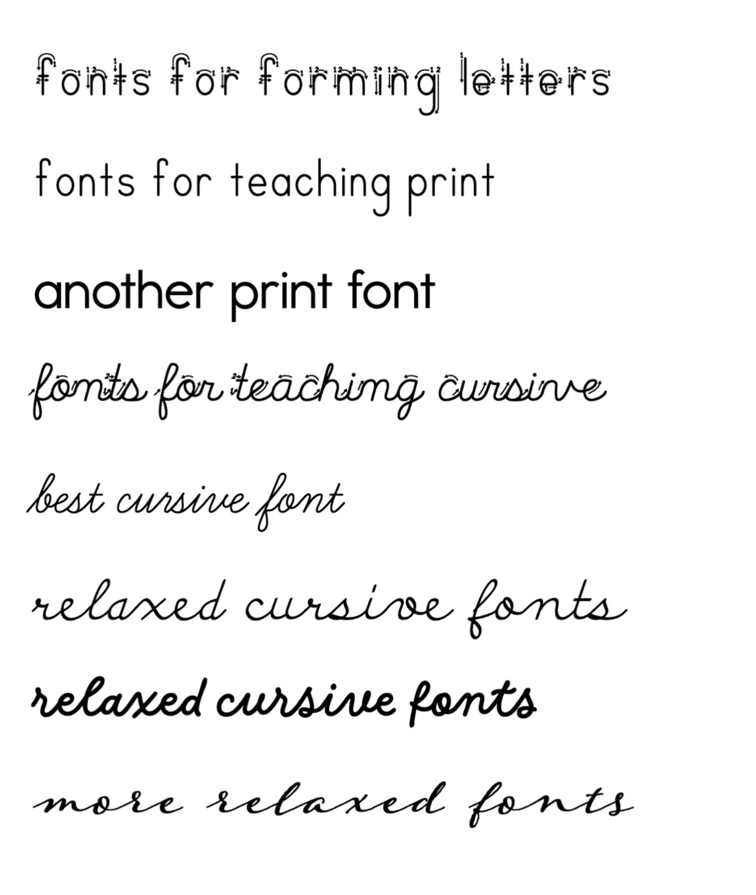 Samples of print and cursive handwriting fonts available for worksheets, from standard to relaxed styles