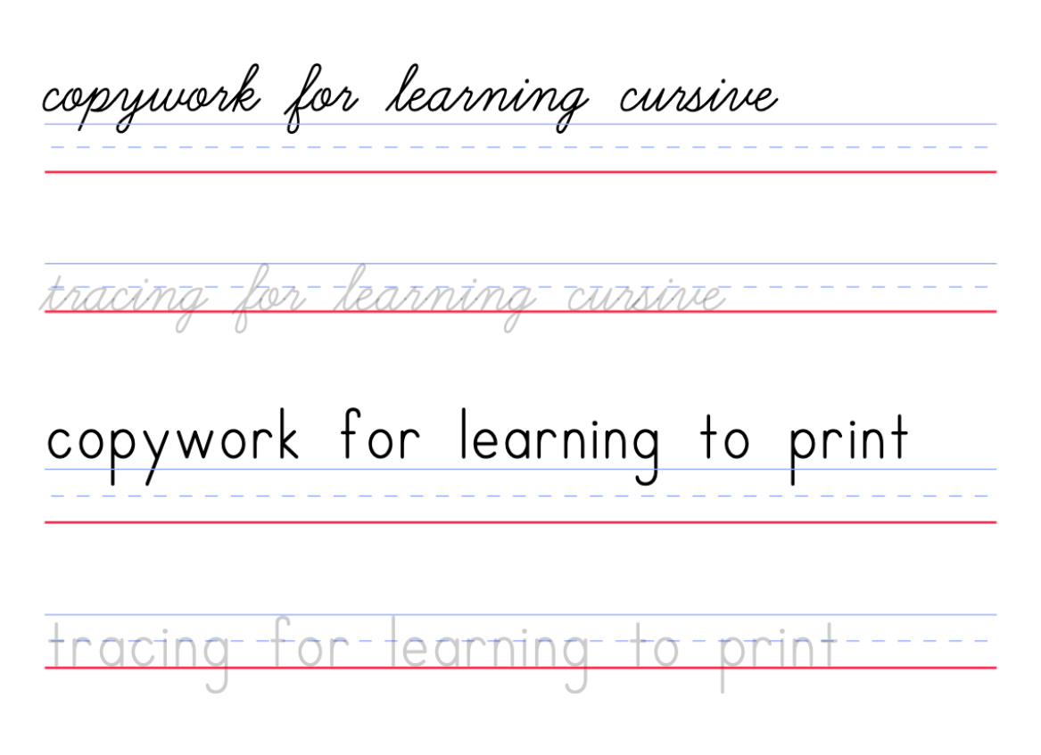 Examples of DittoSheets copywork and tracing exercises in both cursive and print handwriting
