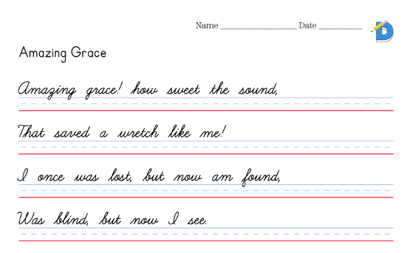 Amazing Grace hymn lyrics as cursive copywork on handwriting lines