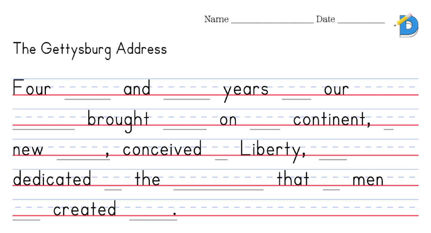 Every Other Word worksheet: Four ___ and ___ years ___ our ___ brought ___ on ___ continent