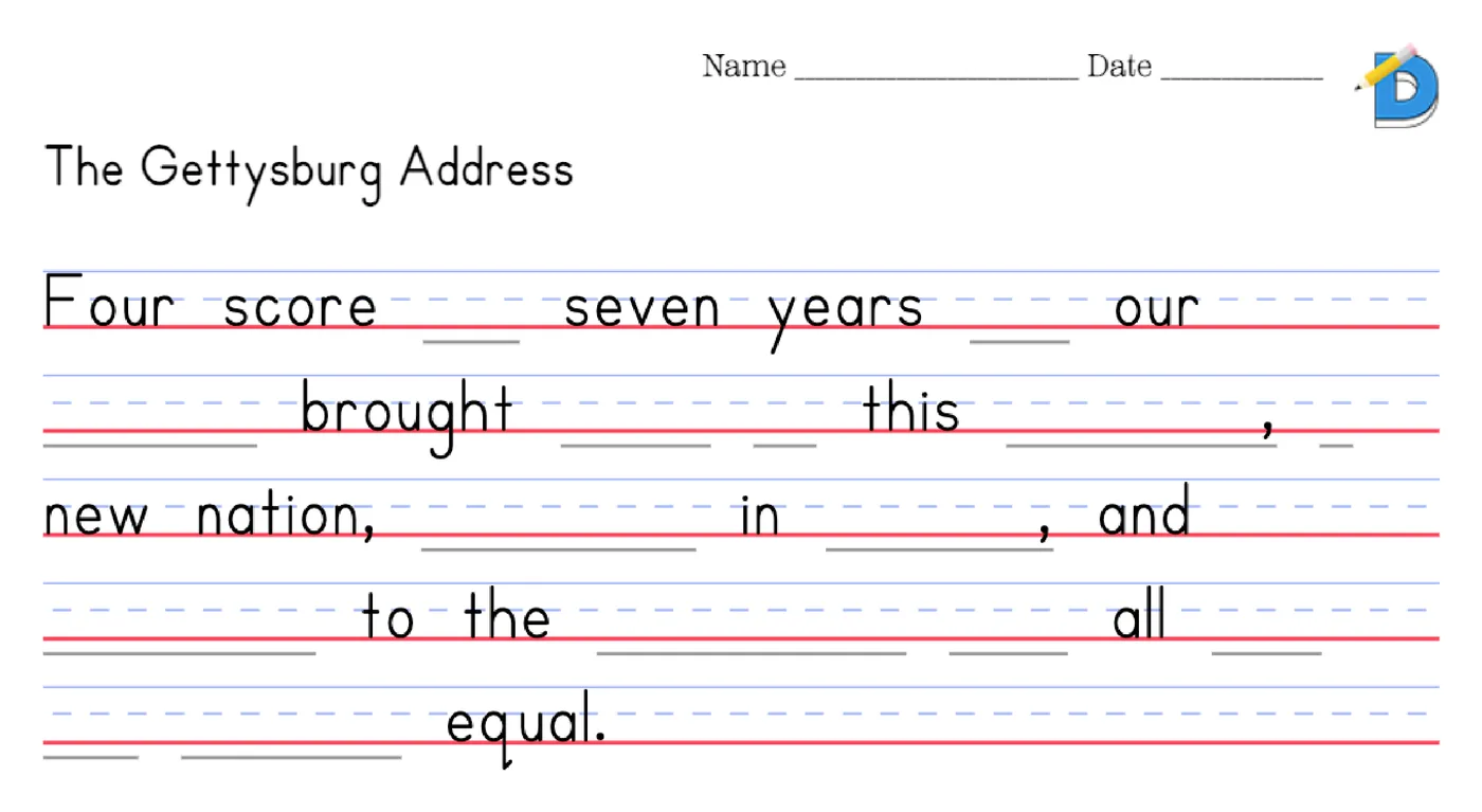 Randomized redacting worksheet of the Gettysburg Address with roughly forty percent of words blanked at random