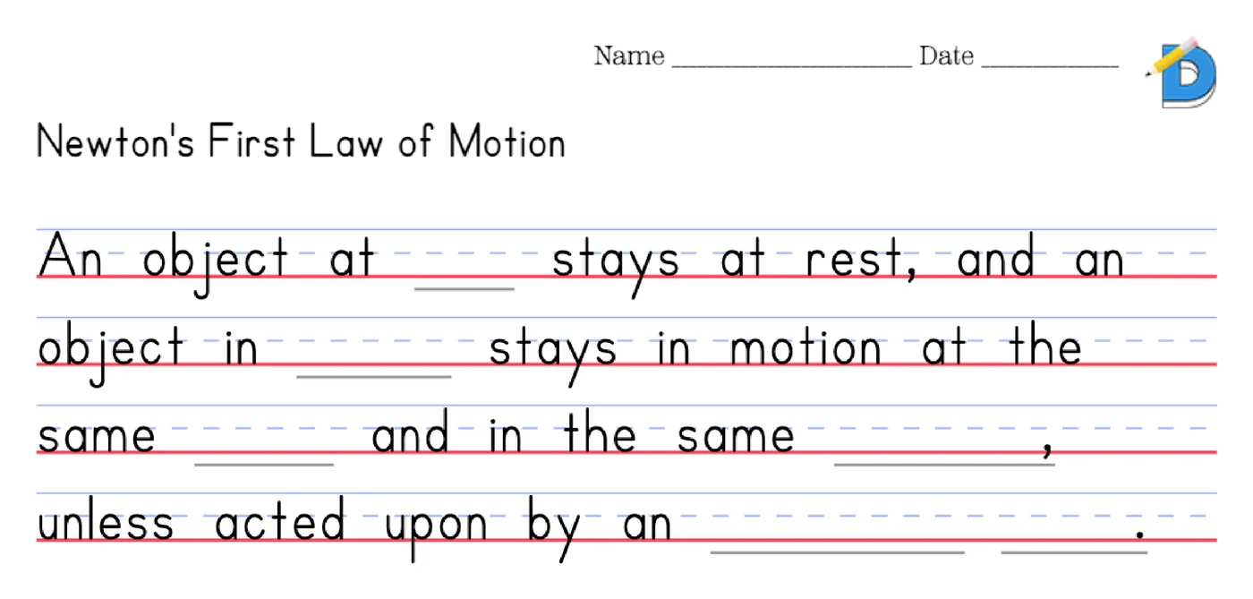 Newton's First Law of Motion fill-in-the-blank worksheet with rest, motion, speed, direction and unbalanced force blanked out