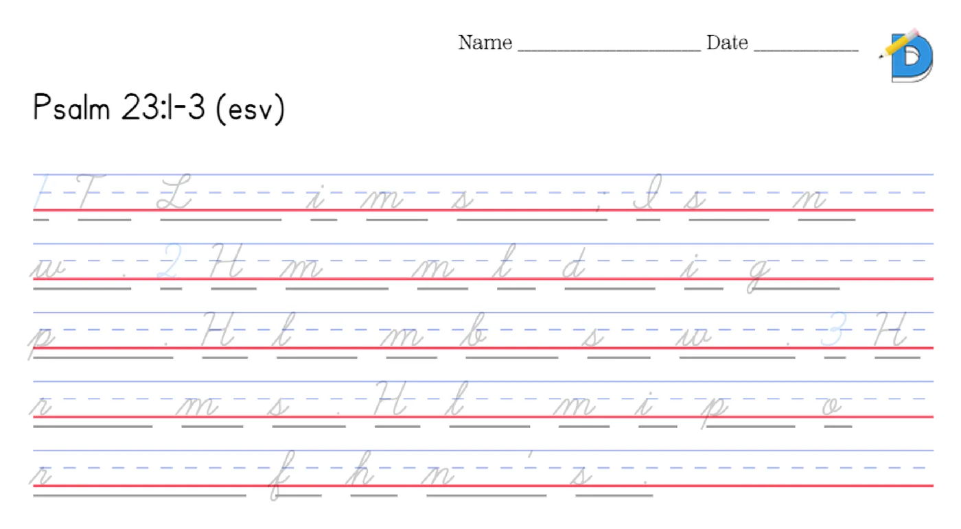 Psalm 23:1-3 first letter hints worksheet in cursive: each word reduced to its first cursive letter and a blank