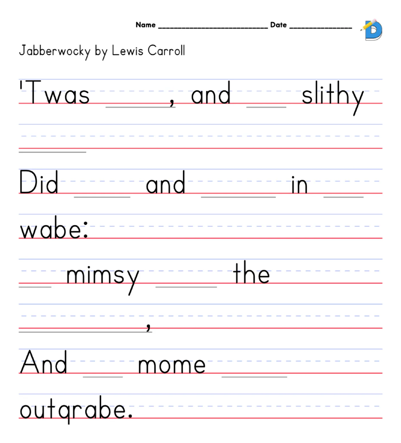 Jabberwocky by Lewis Carroll as an every-other-word fill-in-the-blank worksheet on handwriting lines