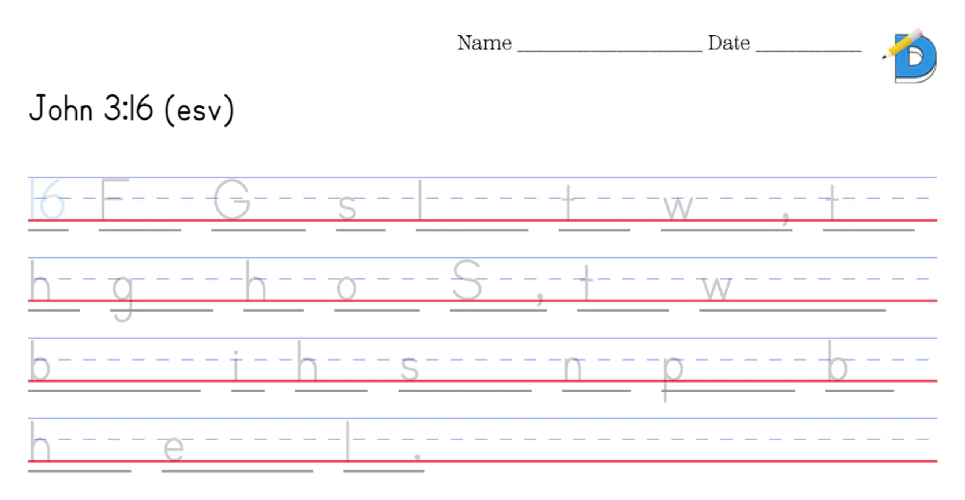 John 3:16 first letter hints worksheet: F G s l t w, t h g h o S with blanks sized to each word