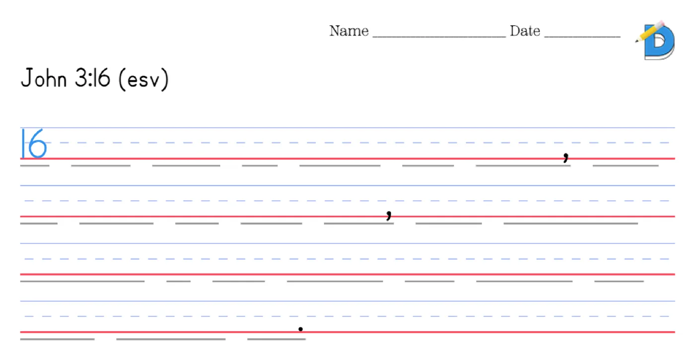 John 3:16 memory lines worksheet with only the verse number, punctuation and blanks sized to each word