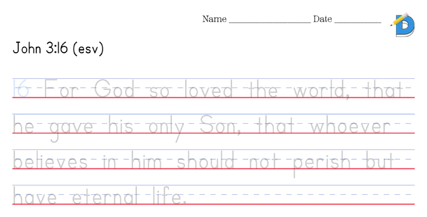 John 3:16 tracing worksheet in gray traceable letters