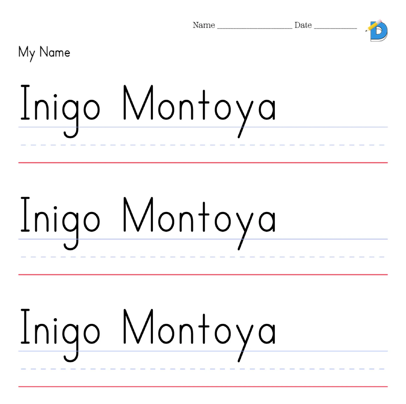 Copywork worksheet with Inigo Montoya printed above each blank handwriting line