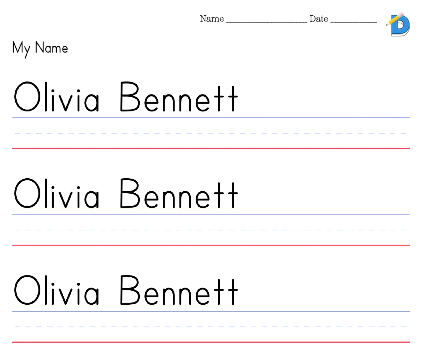 Name copywork worksheet, Olivia Bennett printed above blank handwriting lines to copy on