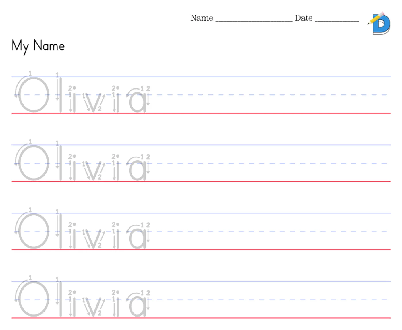 Name tracing worksheet with numbered stroke-order arrows on each letter of the name Olivia