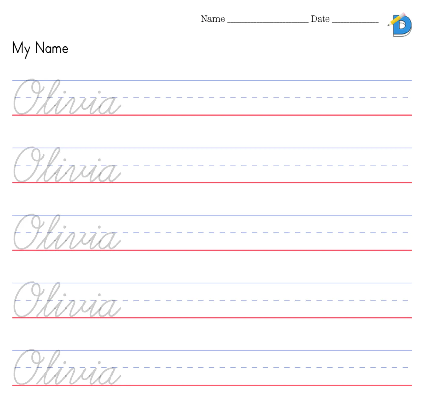 Cursive name tracing worksheet with the name Olivia in gray traceable cursive