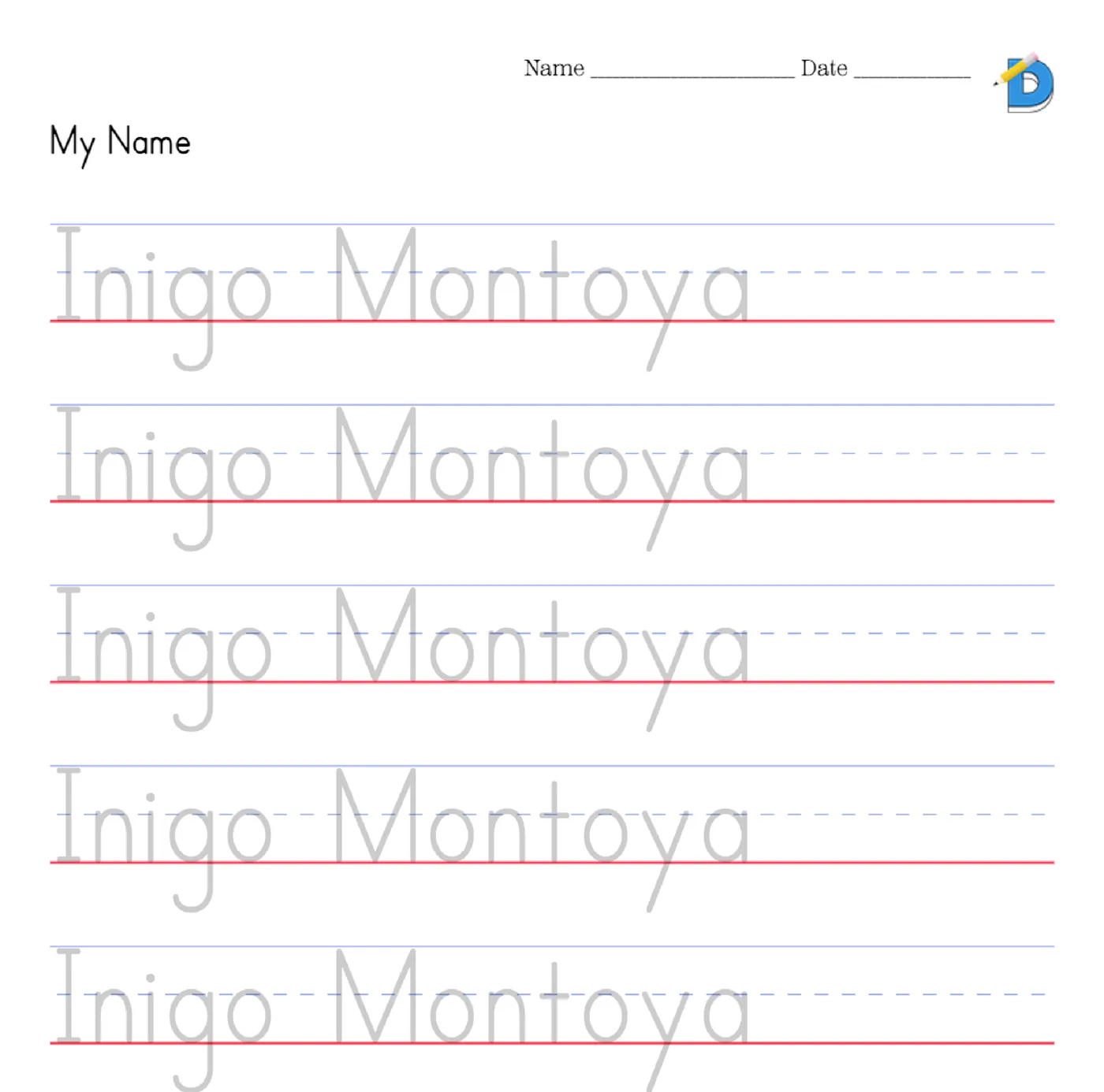 Name tracing worksheet, Inigo Montoya in large gray traceable print letters