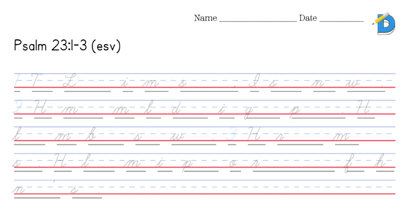 Psalm 23:1-3 first letter hints in cursive