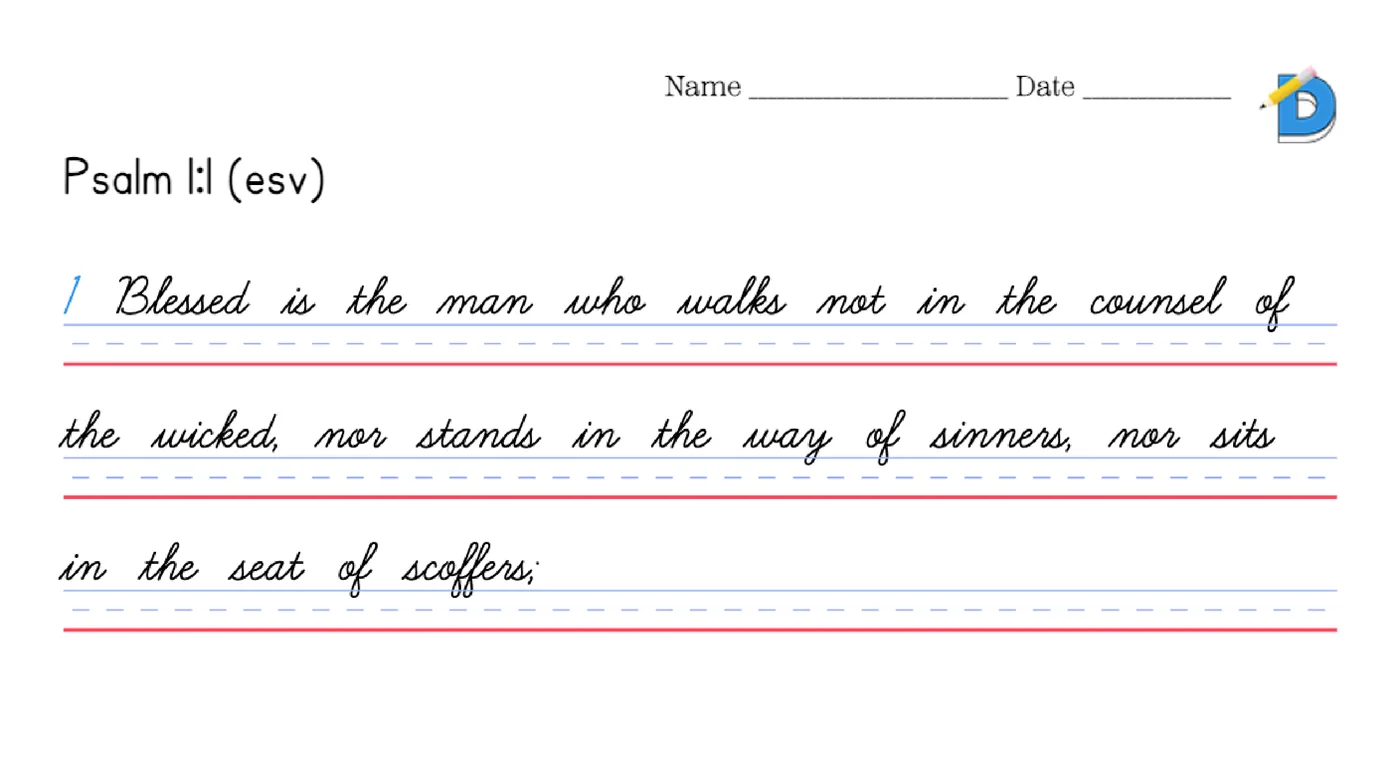 Psalm 1:1 cursive copywork worksheet on bottom-line-only handwriting lines