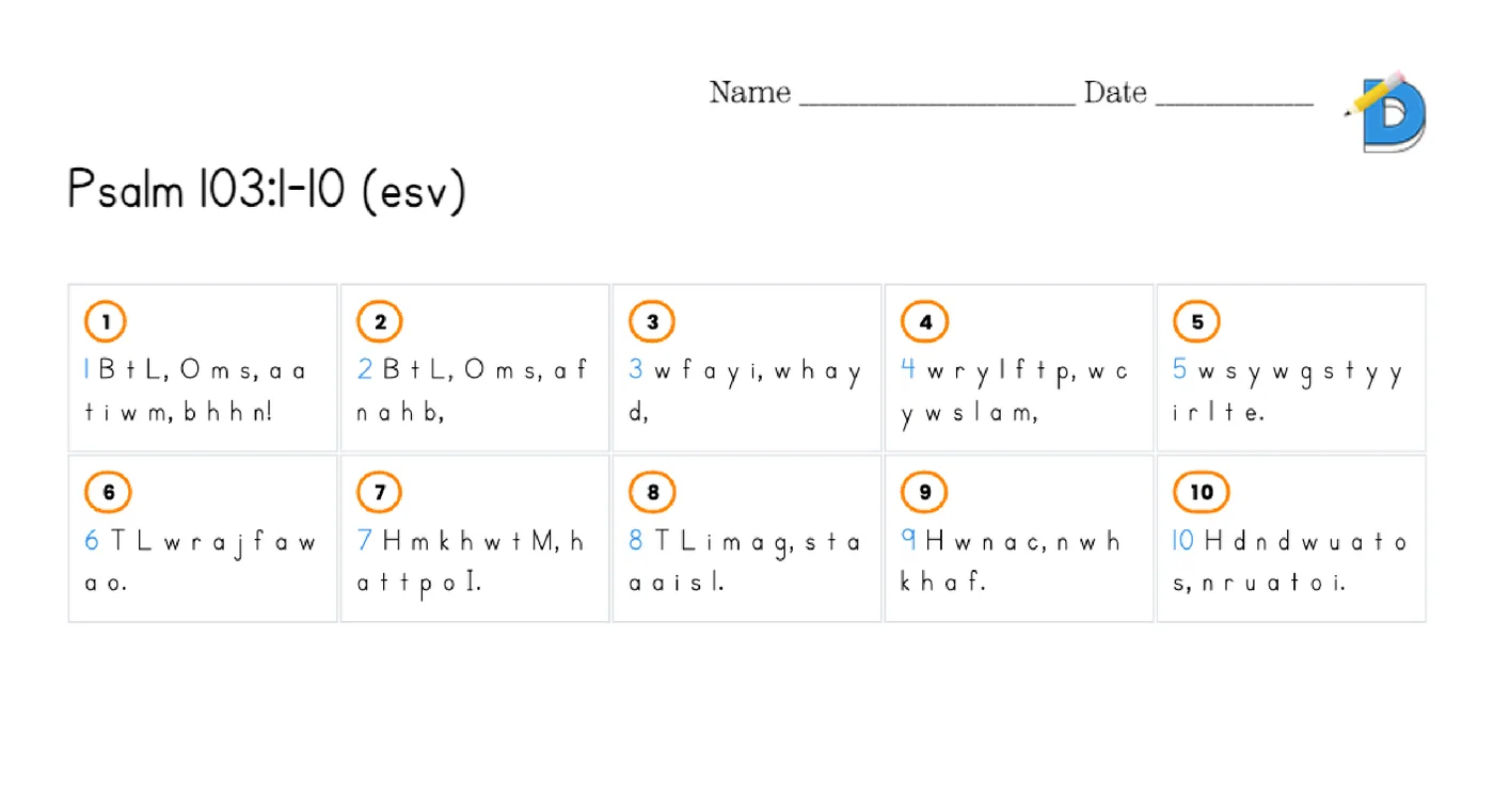 Planning calendar worksheet with Psalm 103:1-10 as first letters only, one verse per numbered box