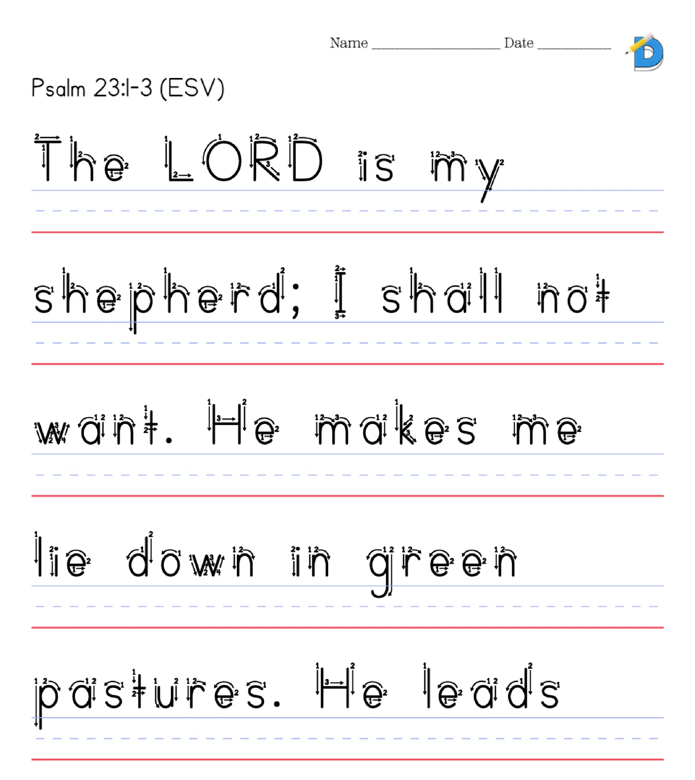 Psalm 23 tracing worksheet with numbered stroke-order arrows on each letter for beginning writers