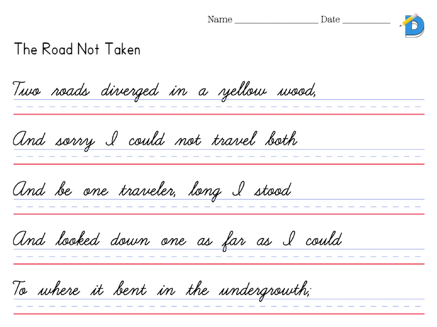 The Road Not Taken first stanza as cursive copywork in Learning Curve