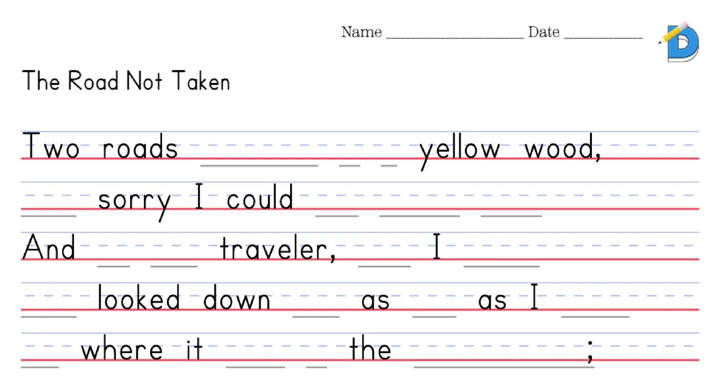 The Road Not Taken first stanza with about half the words blanked at random