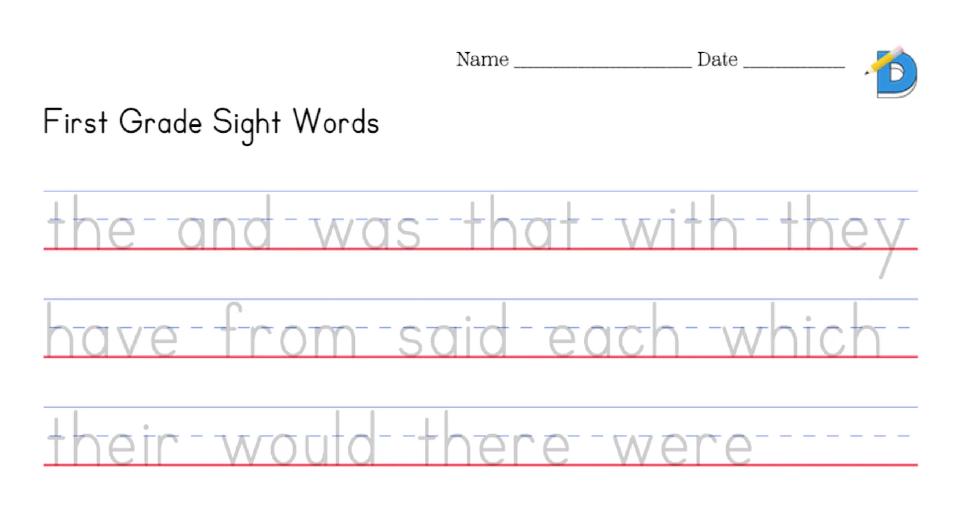 First grade sight words tracing worksheet: the, and, was, that, with, they, have, from, said, each, which, their, would, there, were