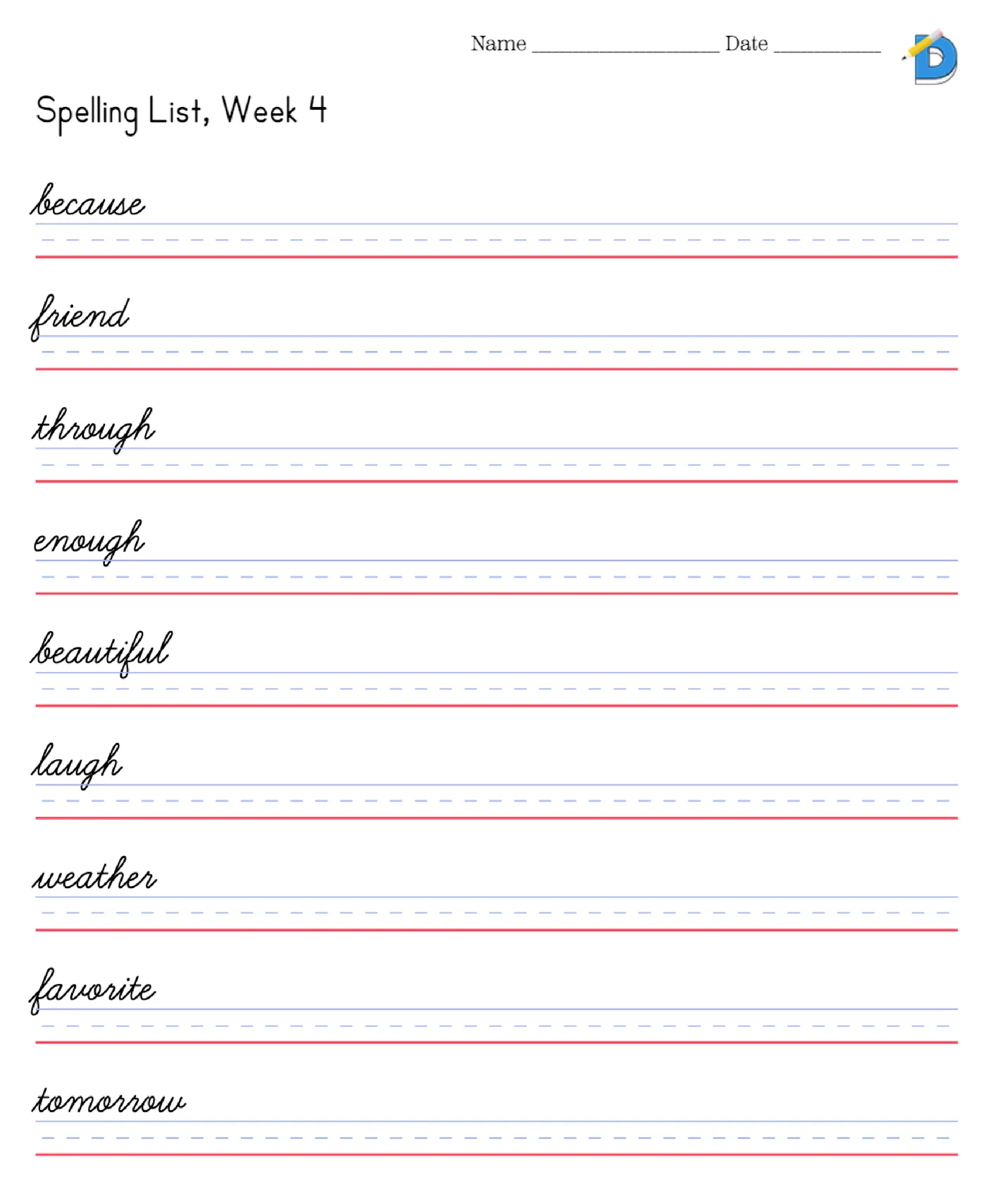 Ten spelling words in cursive, each on its own handwriting line to copy