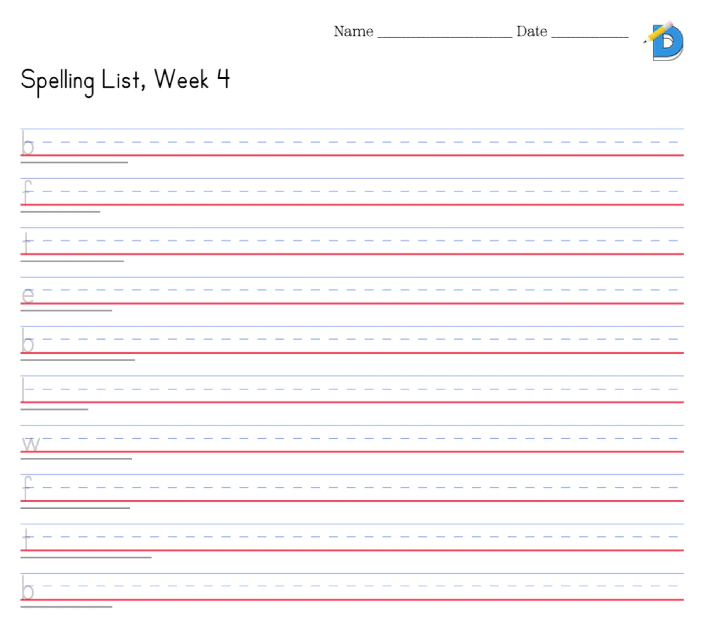 Spelling worksheet with first letter hints: b, f, t, e, b, l, w, f, t, b each followed by a blank sized to the word