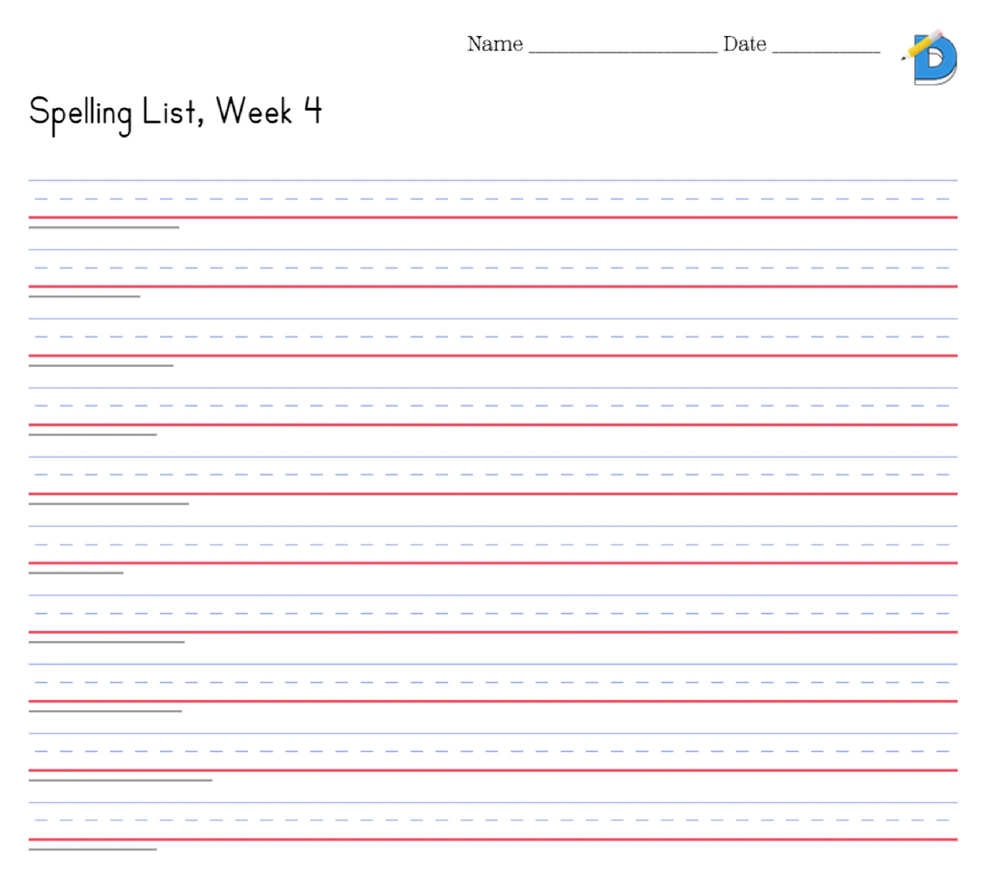 Spelling test worksheet with ten blank lines, each sized to one spelling word