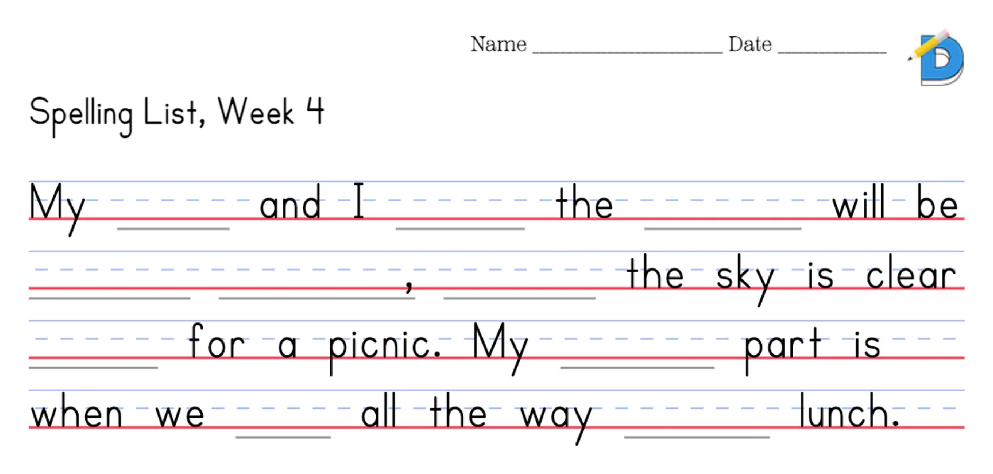 Fill-in-the-blank sentence worksheet with the ten spelling words because, friend, through, enough, beautiful, laugh, weather, favorite, tomorrow and believe blanked out