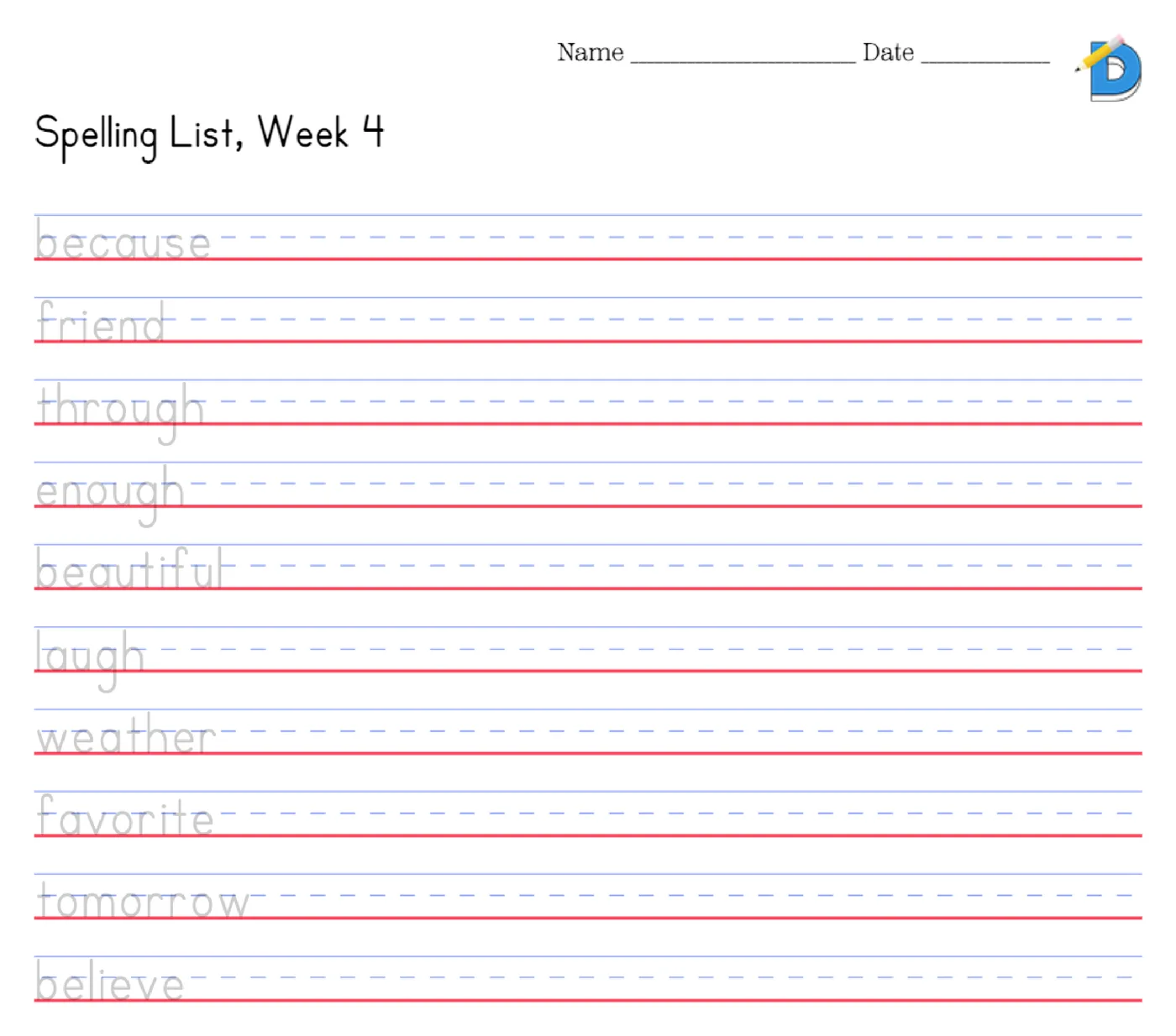 Spelling tracing worksheet with the same ten words in gray traceable letters