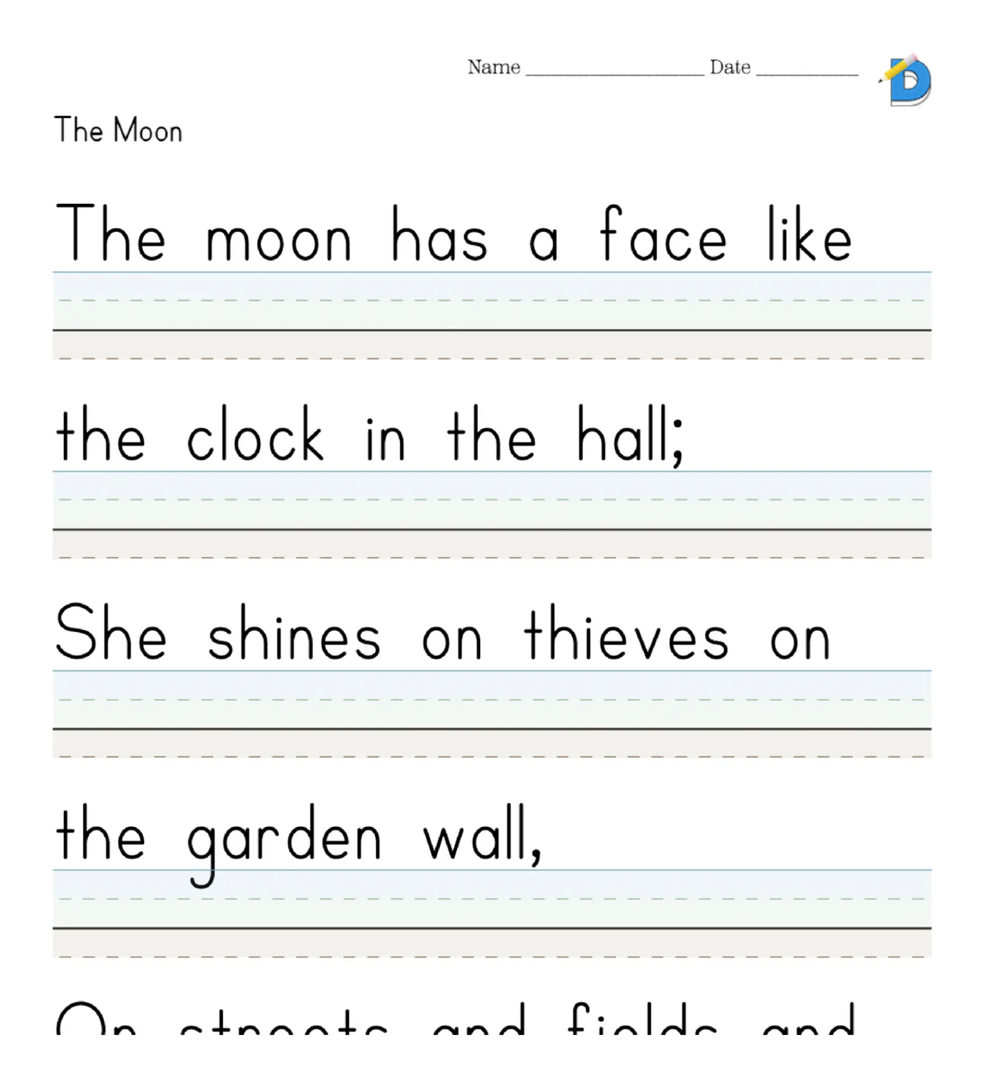 The Moon by Robert Louis Stevenson as a copywork worksheet