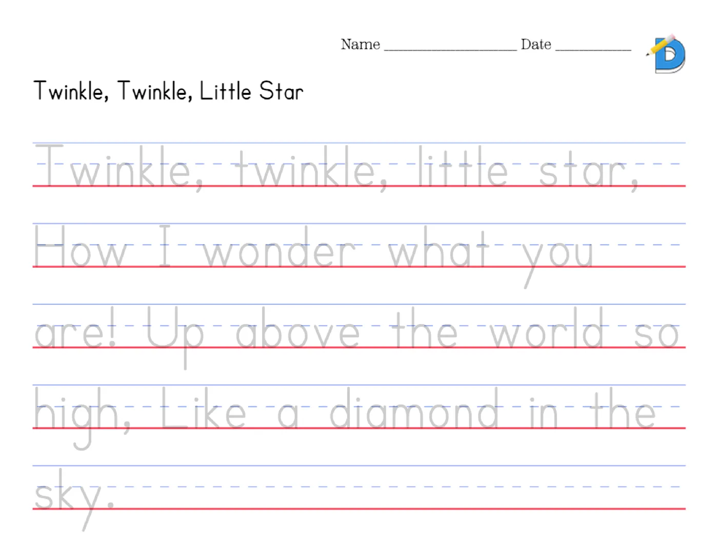 Twinkle Twinkle Little Star as a tracing worksheet in large gray letters
