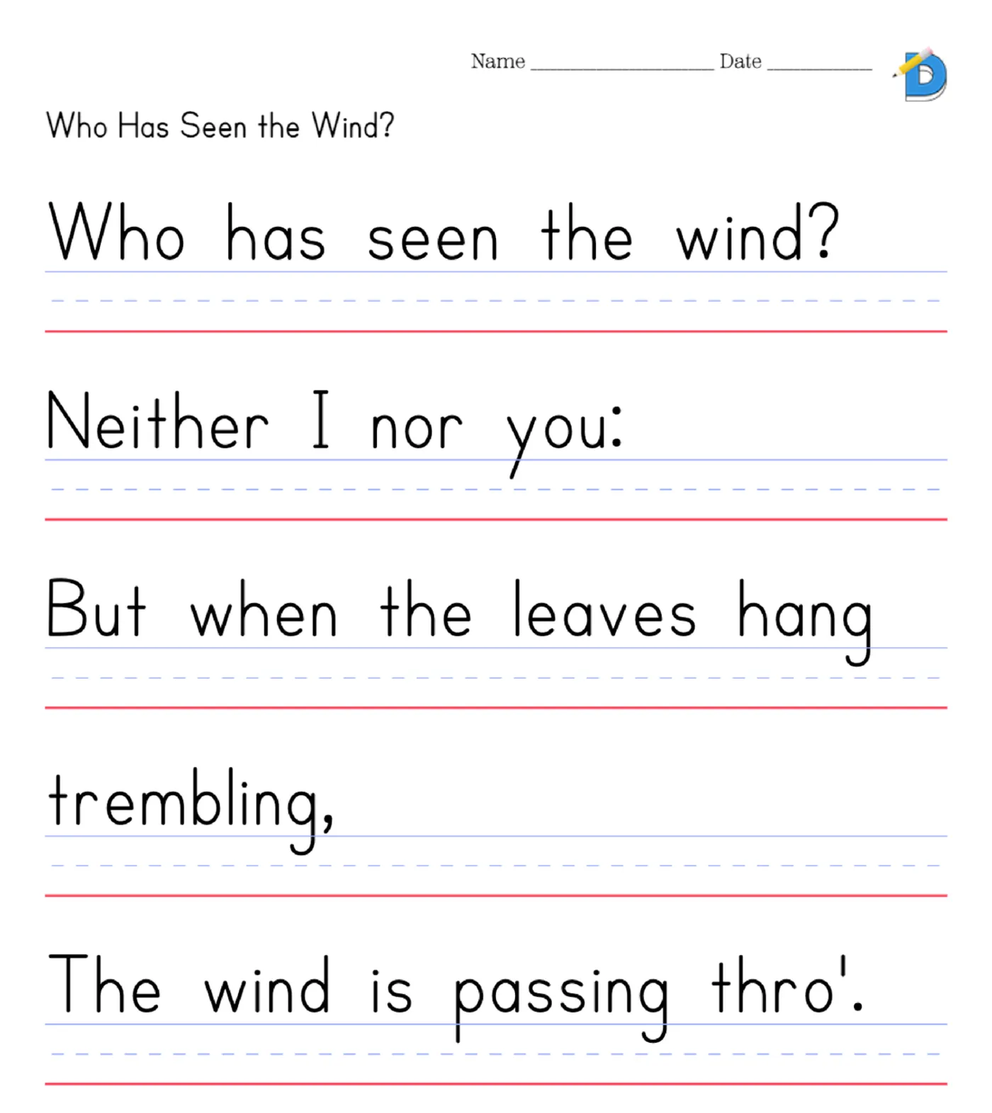 Who Has Seen the Wind by Christina Rossetti as copywork on handwriting lines