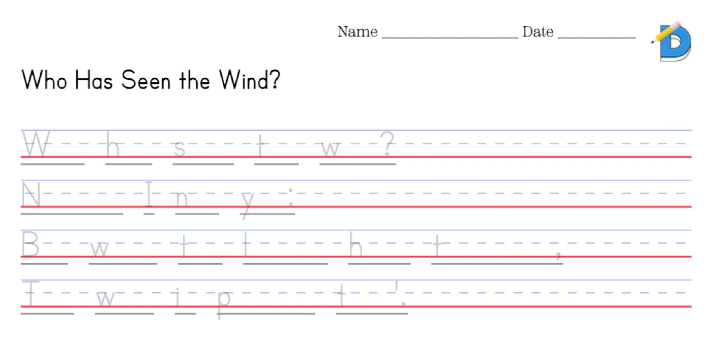 Who Has Seen the Wind by Christina Rossetti as a first letter hints worksheet
