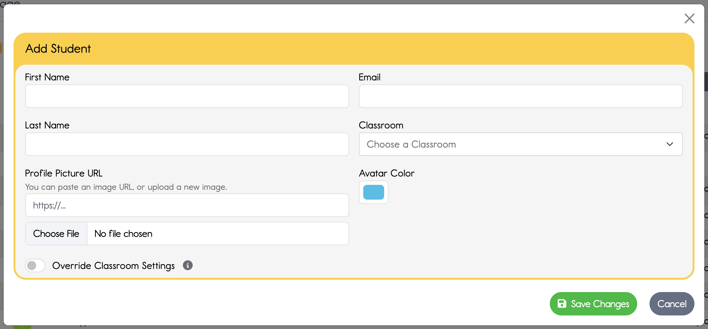 Enter the student name and fill in the other fields.