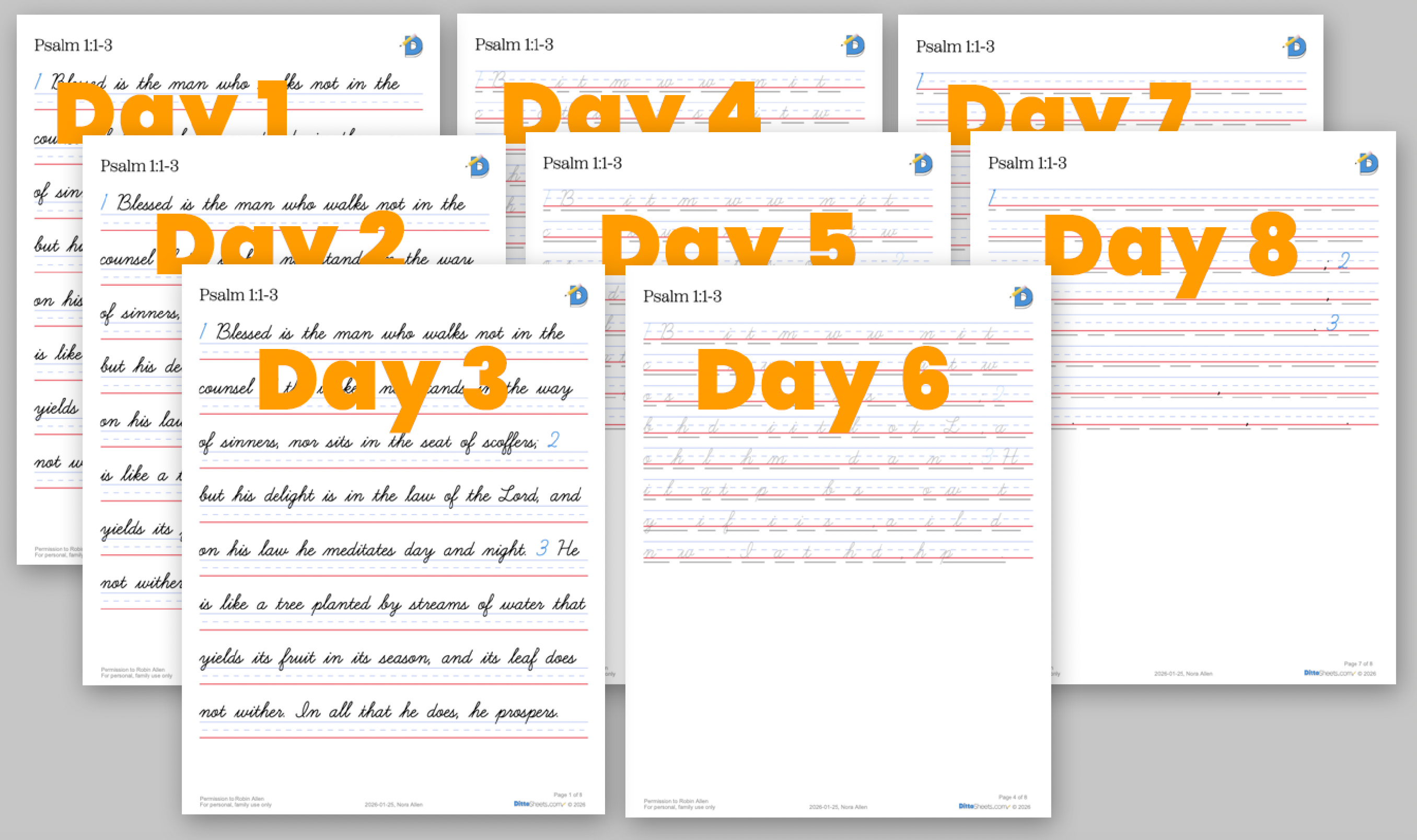 8 days of Psalm 1:1-3 using the Three-Step Method&nbsp;🧡