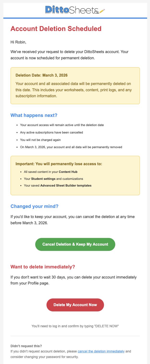 Screenshot of account deletion email