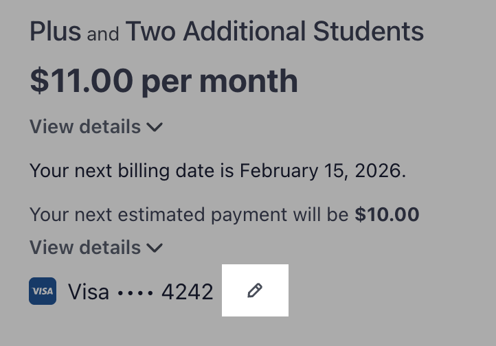 Screenshot of how to edit the currently selected payment method