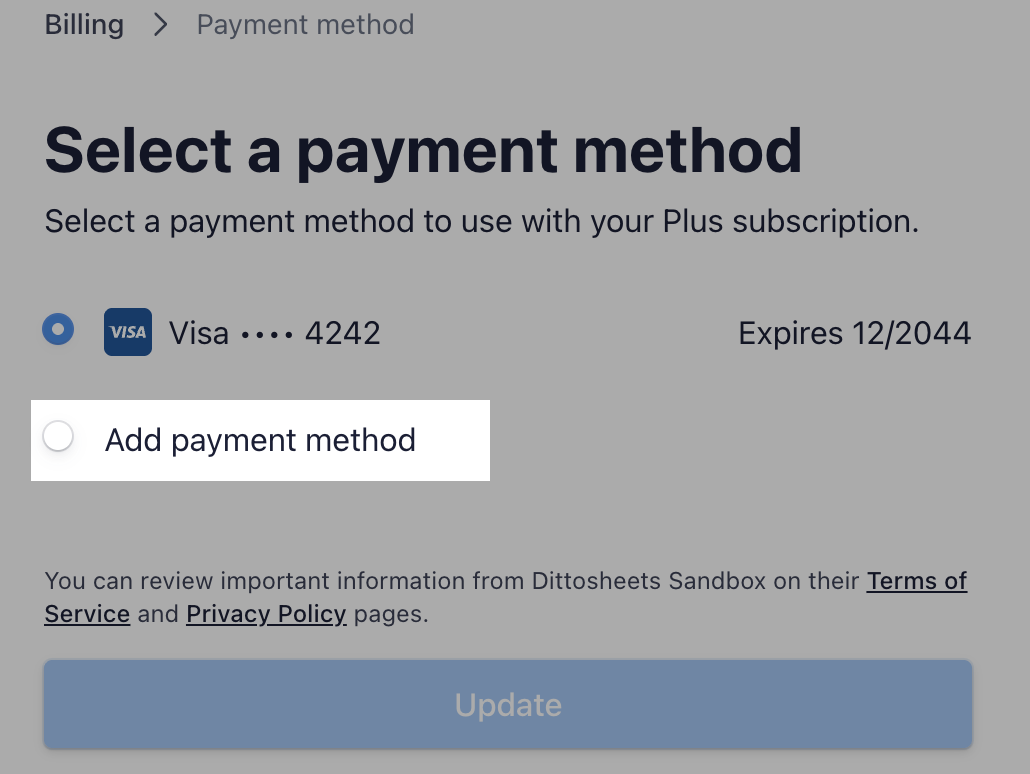 Screenshot of adding a new payment method