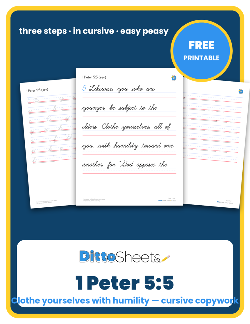 Preview of the 1 Peter 5:5 Cursive Copywork printable worksheet