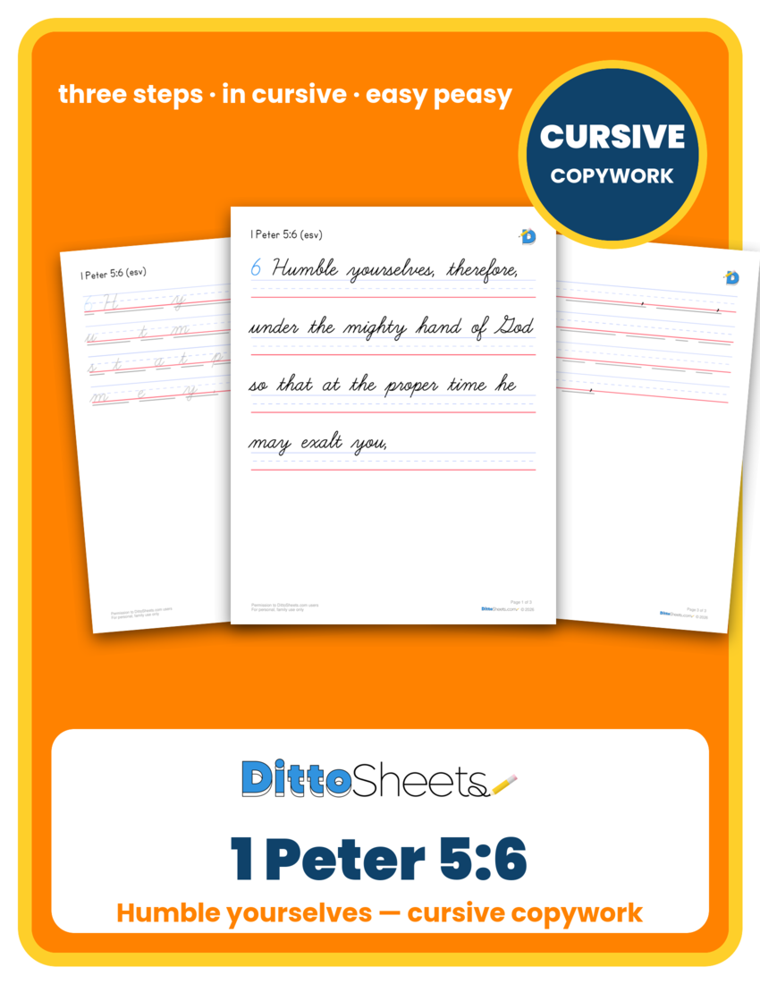 Preview of the 1 Peter 5:6 Cursive Copywork printable worksheet