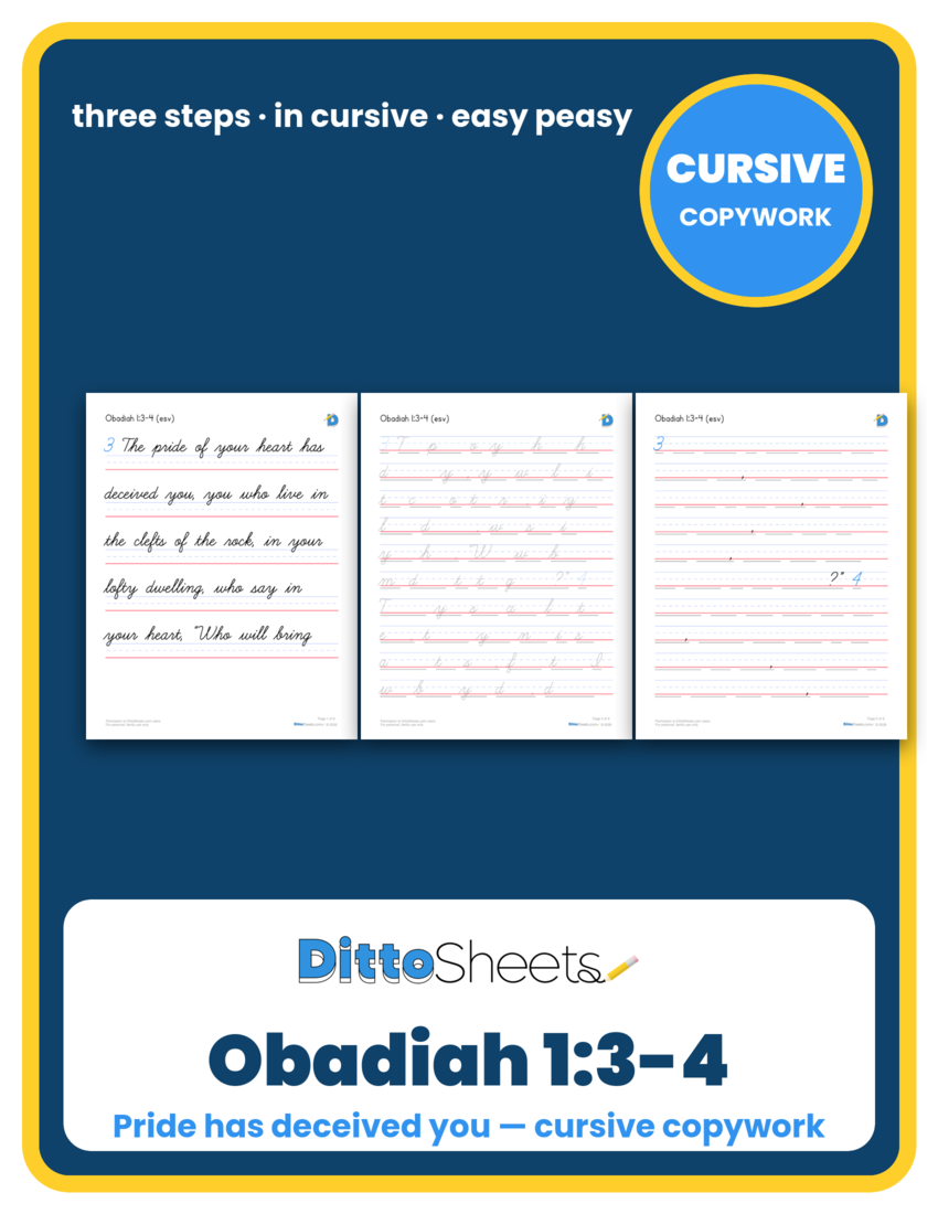 Preview of the Obadiah 1:3-4 Cursive Copywork printable worksheet