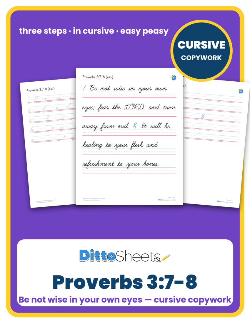 Preview of the Proverbs 3:7-8 Cursive Copywork printable worksheet