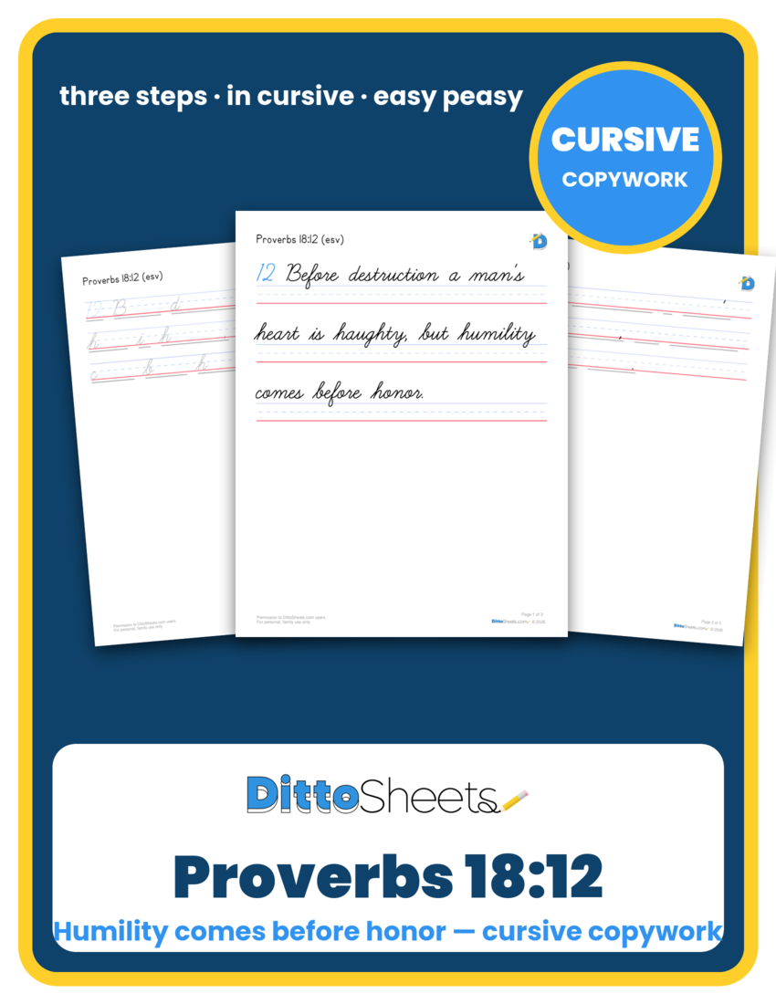 Preview of the Proverbs 18:12 Cursive Copywork printable worksheet