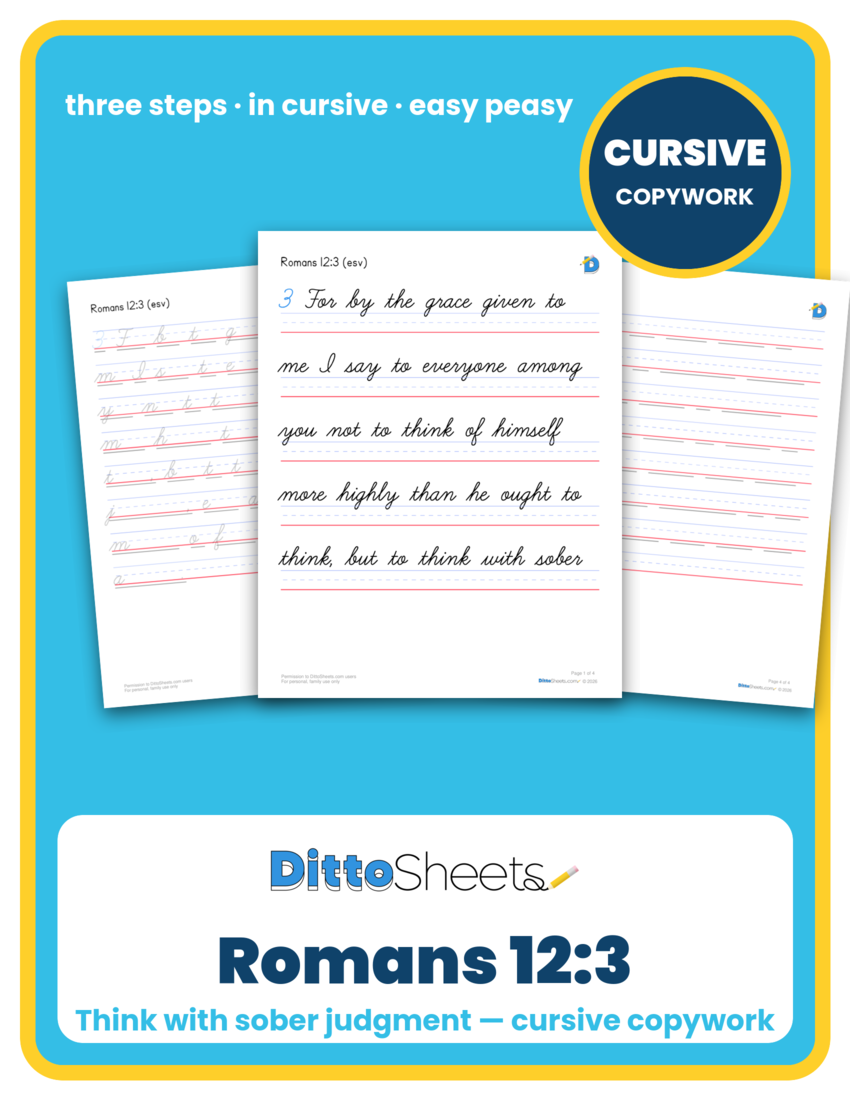 Preview of the Romans 12:3 Cursive Copywork printable worksheet