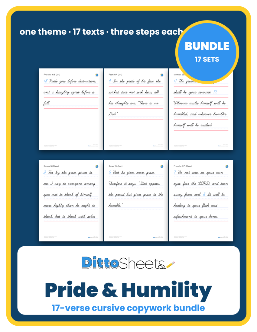 Pride & Humility Cursive Copywork Bundle printable worksheet preview