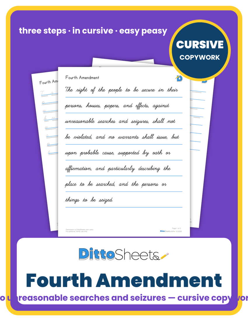 Preview of the Fourth Amendment Cursive Copywork printable worksheet
