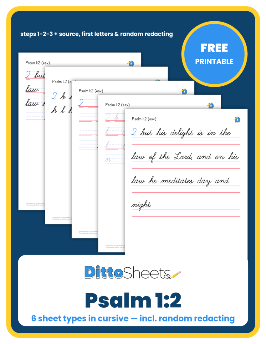 Preview of the Psalm 1:2 Copywork — Cursive printable worksheet