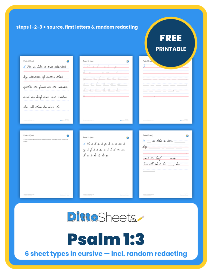 Preview of the Psalm 1:3 Copywork — Cursive printable worksheet