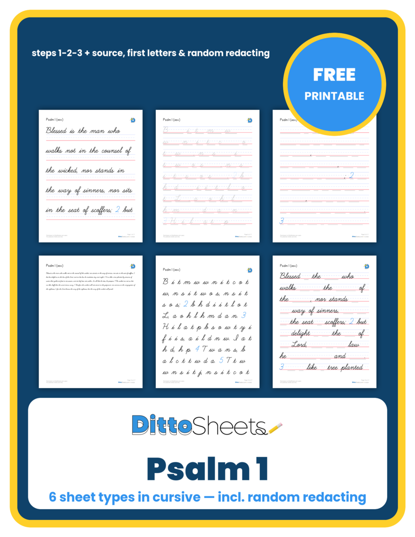 Preview of the Psalm 1 Full Chapter Copywork — Cursive printable worksheet