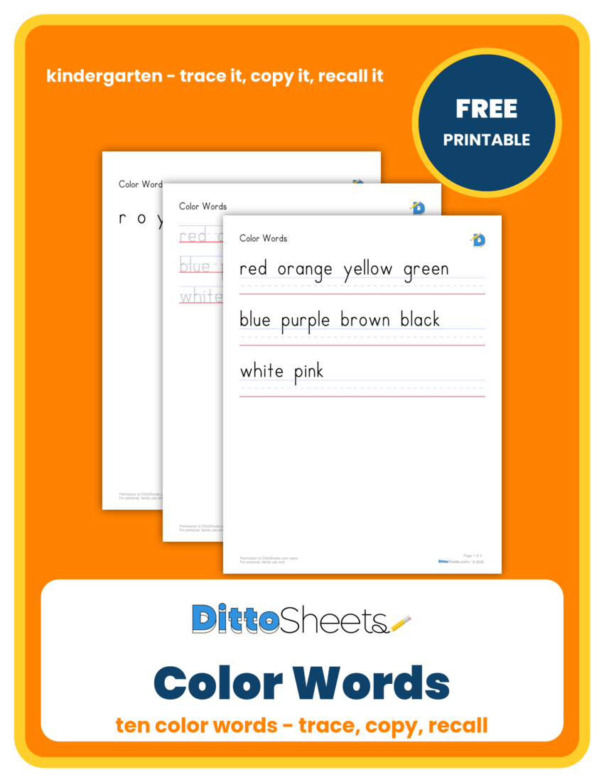 Color Words Handwriting Practice printable worksheet preview